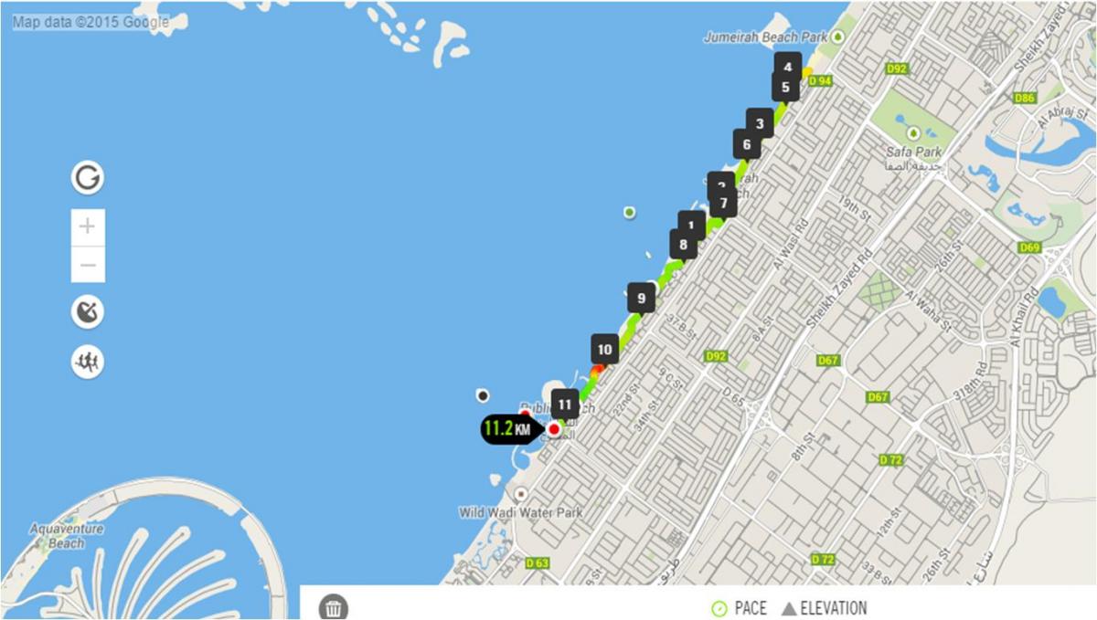 Jumeirah beach bėgių kelio žemėlapis